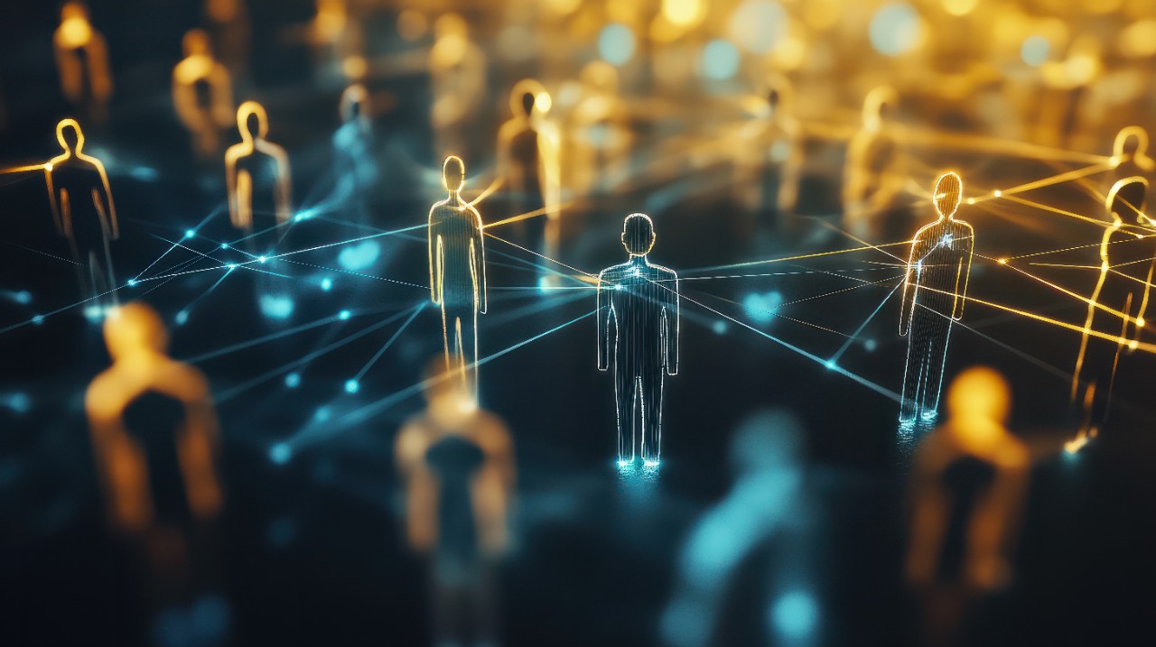 Socure first party fraud consortium professional social network concept connected human figures representing business relationships and networking hyper realistic --ar 16:9 --v 6.1 Job ID: c61f1e80-7784-406e-983b-1c1256931691