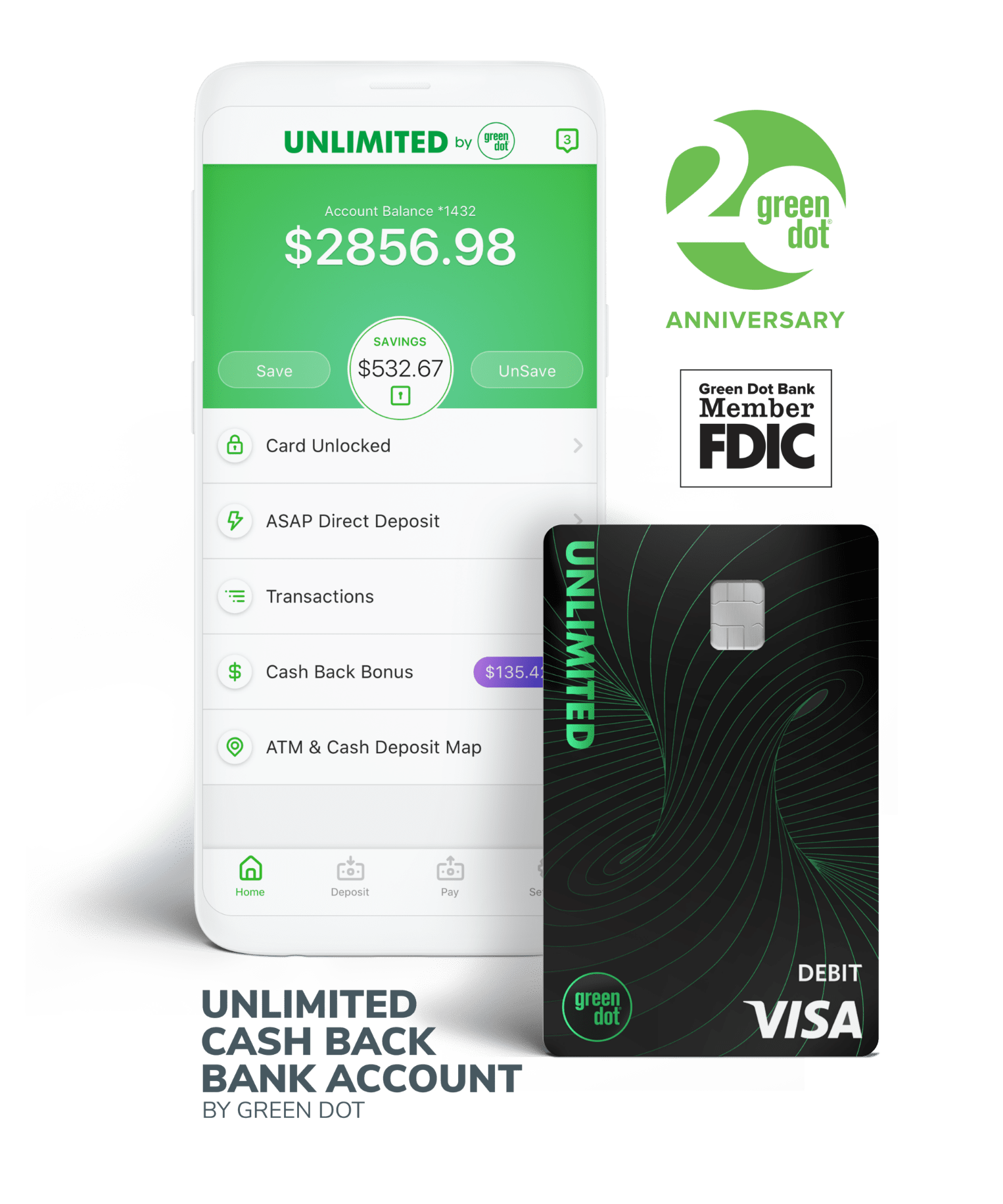 Green Dot Unlimited Cash Back Mobile Account & Debit Cards